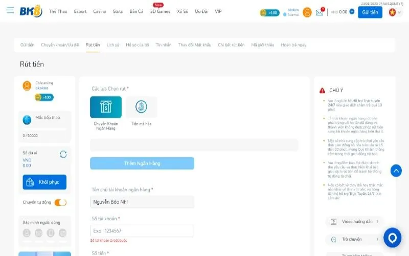 Rút Tiền Bước 2: Rút tiền BK88 từ ví phụ sang ví chính